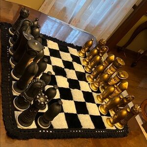 Vintage Luxury Gold and Black Chess Set Ceramic with faux fur chess mat.